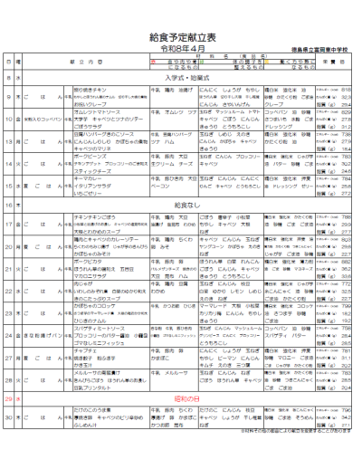 4月献立表